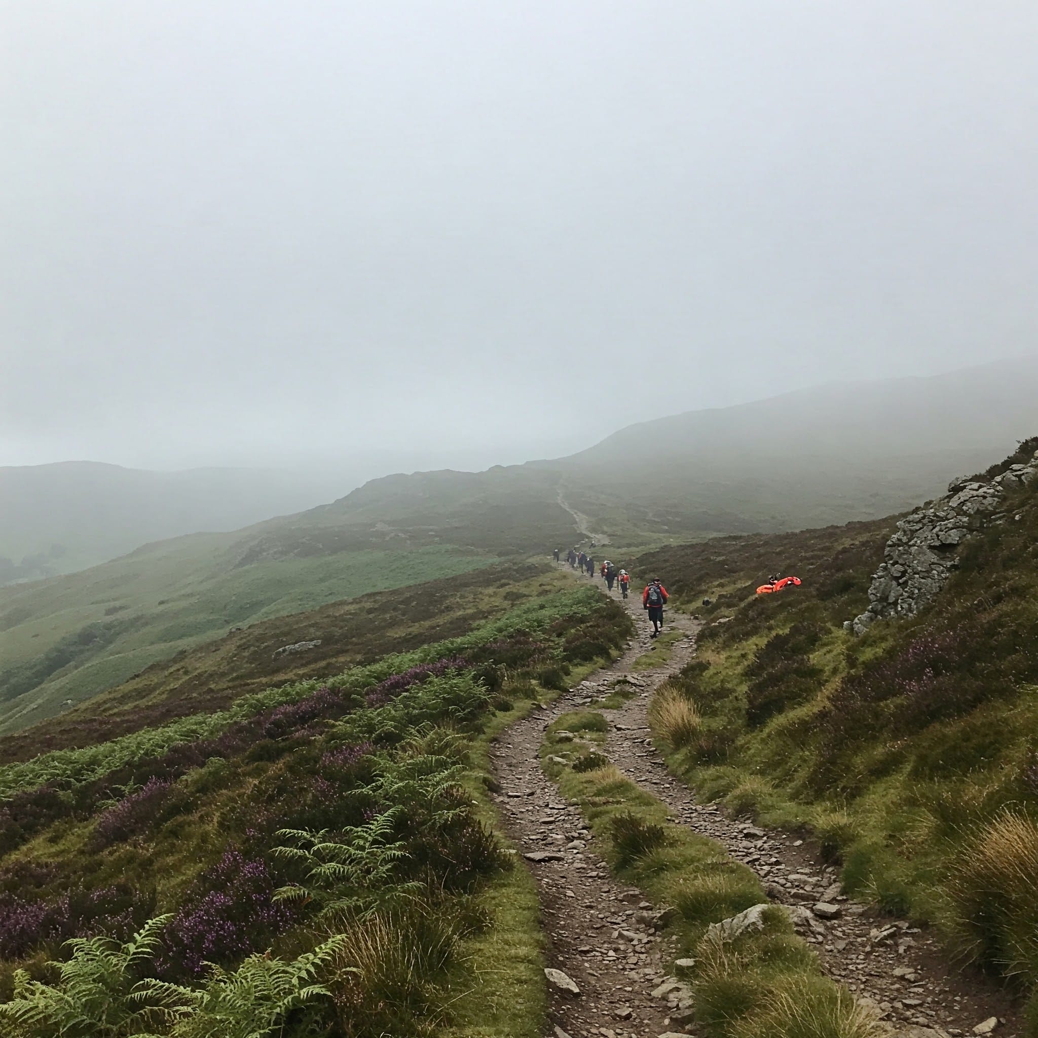 Walkers in distance past emergency shelter, recent rescue